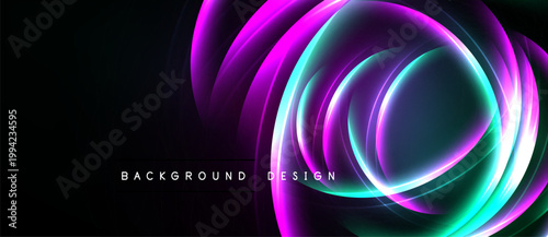 Abstract swirling lights create vibrant energy. Purple, teal, pink hues blend against dark backdrop. Modern design element.