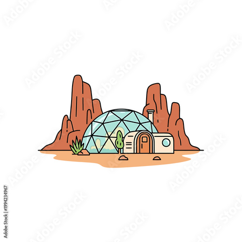 Futuristic geodesic dome habitat in desert canyon vector