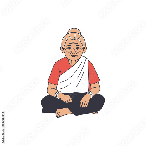 Illustration of an elderly woman sitting cross-legged on the floor