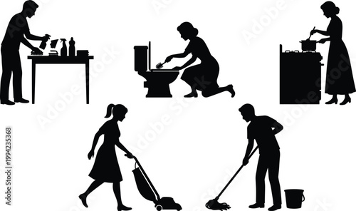 House cleaning silhouette set, woman household chores collection, vacuum mop kitchen bathroom vector design pack bundle