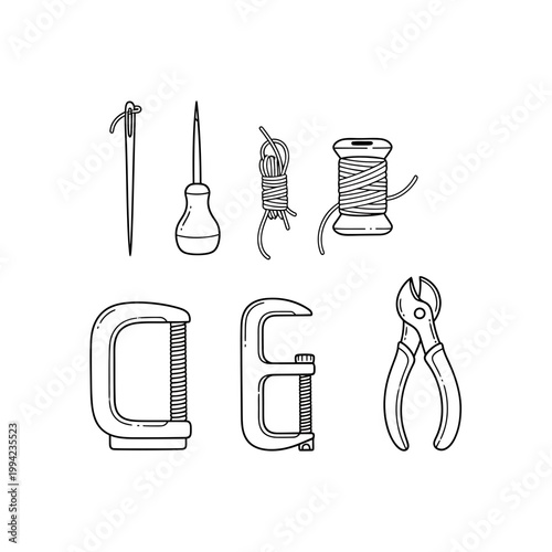 Handmade Craft and Leatherworking Tools Vector Line Art Illustration