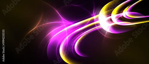 Abstract swirls, vibrant pinks, yellows illuminate dark background. Dynamic energy radiates from flowing lines, creating visual impact.
