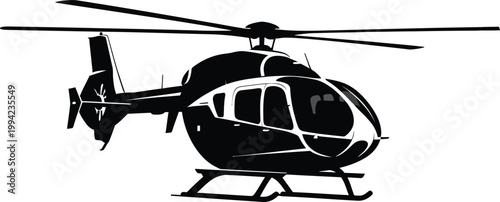 Black and white silhouette of a modern helicopter with rotor blades and landing skids aircraft aviation