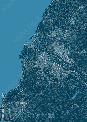 This is a detailed map of Hsinchu, Taiwan, rendered in a minimalist, monochromatic style with a deep teal background and white lines representing streets