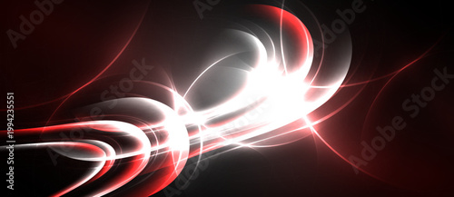 Abstract design features flowing red, white lines against dark background. Dynamic curves create energy, light effects. Modern, vibrant composition.