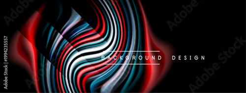 Abstract wavy lines, red, blue hues dominate. Dark background creates dynamic visual effect. Modern design element.