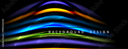 Abstract colorful lines form wave pattern. Dark background enhances vibrant hues, creating dynamic visual effect. Text reads background design.