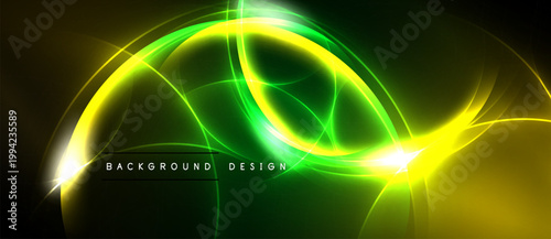 Abstract design features vibrant green, yellow curves. Dark background enhances glowing lines, creating dynamic visual effect. Modern aesthetic.