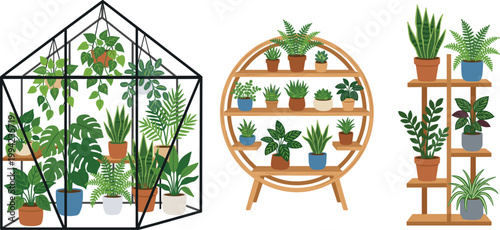 Indoor houseplant set, greenhouse shelf potted plants collection, botanical home decor vector design pack bundle icons