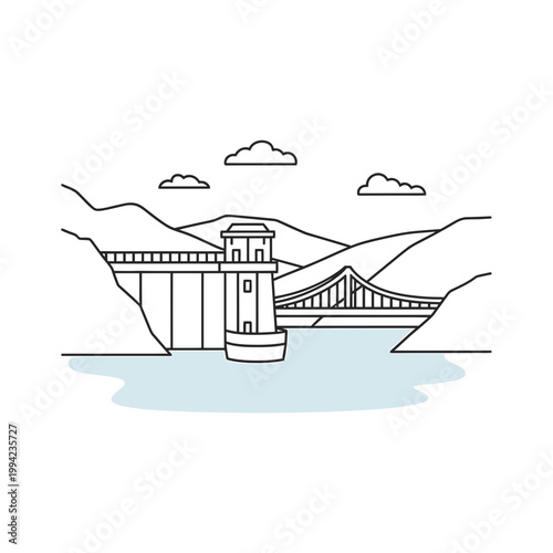 Hydroelectric dam and bridge in mountain landscape vector illustration