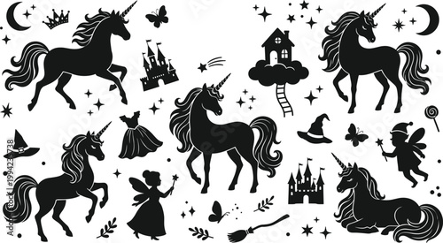 Magic unicorn silhouette set, fairy tale fantasy collection, castle witch stars icons, vector design pack bundle