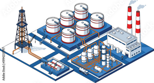 Oil refinery isometric plant, petroleum industry factory collection, fuel storage tanks vector industrial energy facility design
