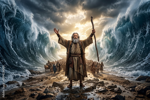 Moses Parts the Red Sea, Israelites Cross to Freedom, Biblical Exodus Scene