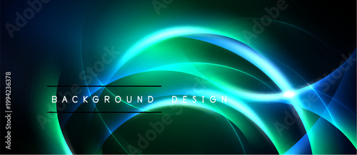 Abstract neon waves, vibrant blues, greens. Dynamic light effects create modern background design. Smooth curves, glowing lines.