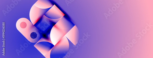 Abstract shapes, pinks, blues blend. Gradient background creates modern visual impact. Minimalist design, smooth curves, digital art.