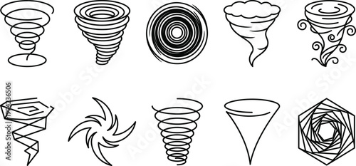 Tornado whirlwind set, cyclone vortex storm icons collection, spiral wind symbols, outline vector weather design pack