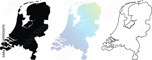 Set of three Netherlands maps featuring a solid black silhouette, a colorful pixelated gradient design, and a clean black outline, isolated on a white background.