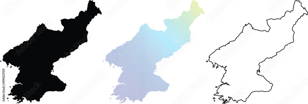 Fototapeta premium Set of North Korea map icons including a solid black silhouette, a minimalist outline, and a colorful gradient halftone dot pattern for geographic designs.
