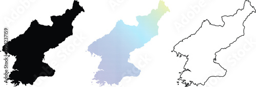 Set of North Korea map icons including a solid black silhouette, a minimalist outline, and a colorful gradient halftone dot pattern for geographic designs.