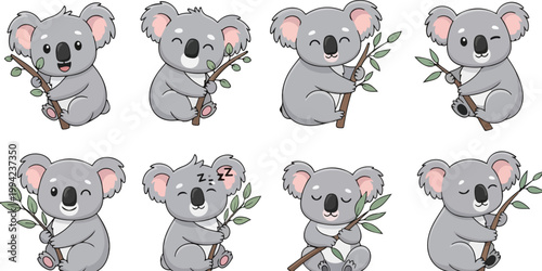 Cute koala bear cartoon character set, 8 vector illustrations of grey koalas with eucalyptus branches, adorable australian animal mascot collection