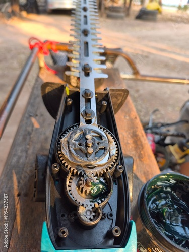 close up of Internal gears with grease of a pruning tool 