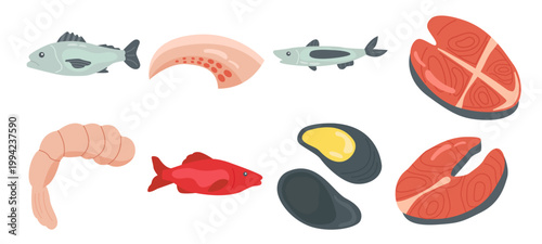 Seafood Flat Illustration Fish Shrimp Salmon Mussel Food