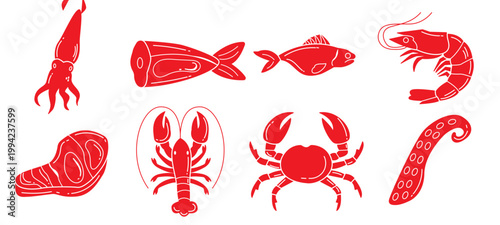 Seafood Icon Set Fish Shrimp Crab Lobster Vector