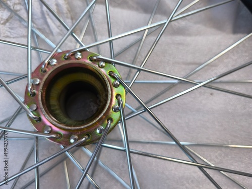close up of bicycle bearing wheel 