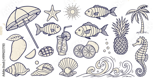Tropical beach summer icons set, hand drawn nautical vector elements, ocean life and vacation travel illustrations, blue and white line art