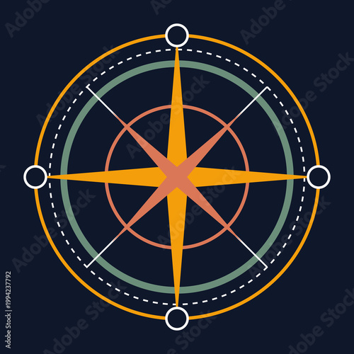 Minimalist astrological compass rose with zodiac wheel elements on a dark navy blue square background