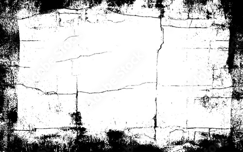 Grunge black and white pattern. Monochrome particles abstract texture. Background of cracks, scuffs, chips, stains, ink spots, lines. Dark design background surface. Gray printing element. 