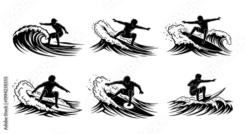 Waves surfer sport vector icons set featuring six riders on surfboards and splashing water featuring surfboard, sea, splash with beach and shoreline