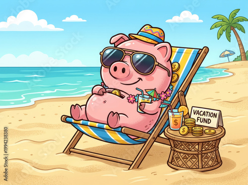 Cartoon Piggy Bank on Vacation: Cheerful Beach Scene with Sunglasses & Cocktail - Relaxation by the Sea for a Fun Summer Holiday 
