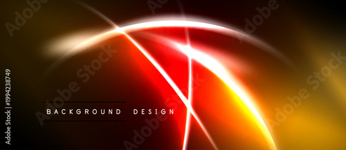 Abstract design features vibrant orange, red glows. Lines intersect creating dynamic visual effect. Dark background enhances luminosity.