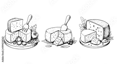 Cheese wedge with fork and leaf accents, hand drawn ink sketch style for food icons and menu design featuring dairy, dairy product, culinary tool