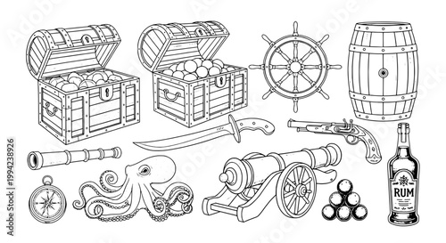 Treasure chest and pirate items set with treasure, sword, cannon, and rum bottle featuring gold coins, ship wheel, barrel with telescope and compass