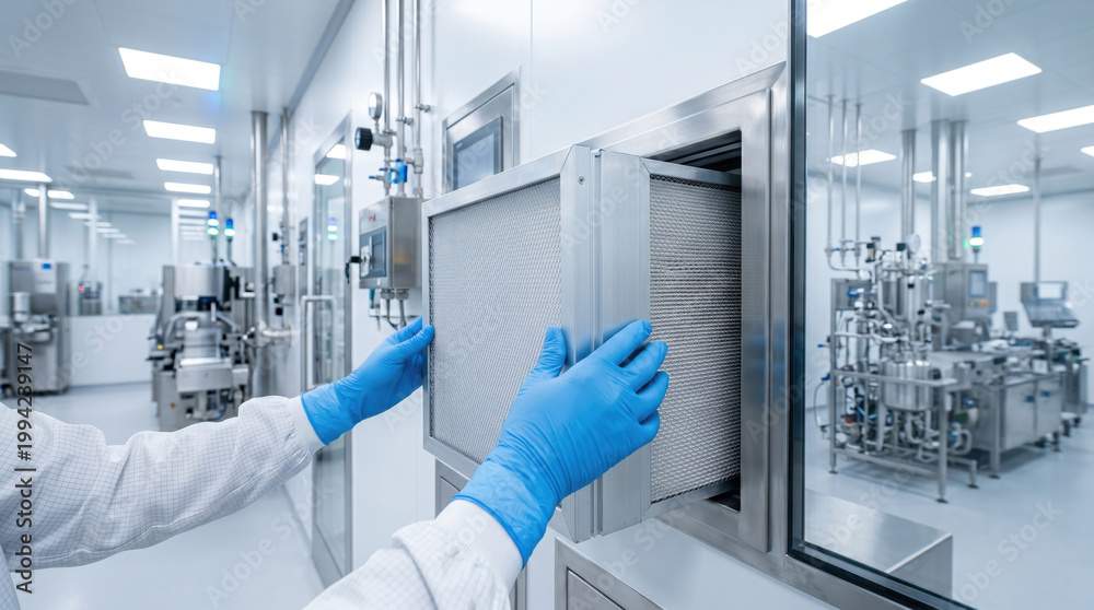 Naklejka premium Close-up of hands in blue gloves installing a HEPA filter in a cleanroom laboratory with advanced manufacturing equipment.