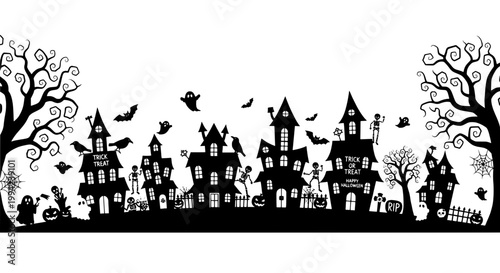 Halloween haunted town silhouette with bats, ghosts, crooked trees, and spooky houses, flat vector style for party posters and cards
