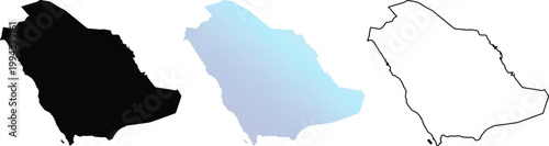 Set of Saudi Arabia map vectors including solid black silhouette, blue pixelated gradient, and simple outline illustration isolated on white background