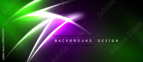 Abstract neon lines create vibrant green, purple glow. Dark background emphasizes bright streaks, modern design element.