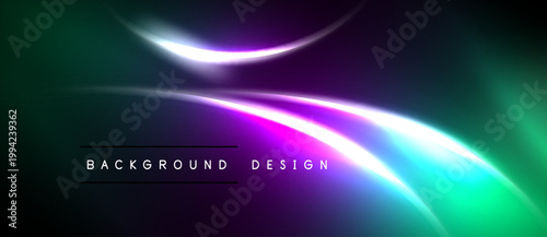 Abstract neon lights blend, creating vibrant gradients. Dark background emphasizes glowing curves, modern design element.