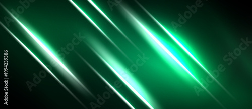 Abstract green background features bright diagonal lines. Light streaks create dynamic visual effect, modern design element.