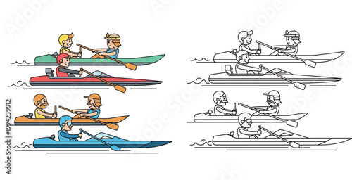 Set of Vector Illustrations Featuring People Rowing Boats, Kayaks, and Canoes in Color and Line Art Styles, Perfect for Outdoor Sports, Recreation, and Adventure Themed Graphic Designs