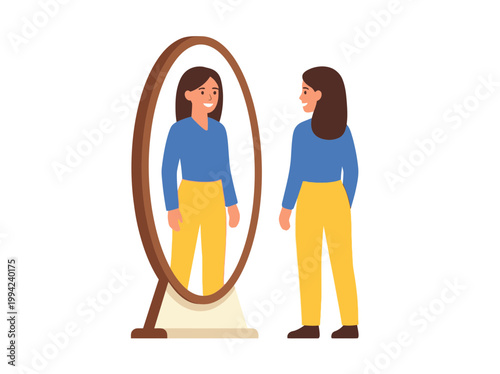 Woman looks at reflection in standing mirror indoors.