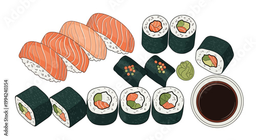 Hand-drawn sushi set illustration featuring salmon nigiri, assorted maki rolls, wasabi, and soy sauce dip