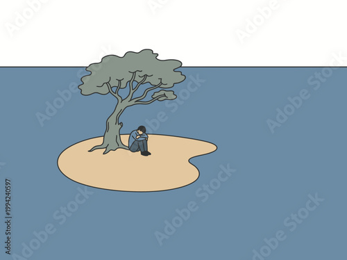 Person sitting under tree on island thinking about mental health