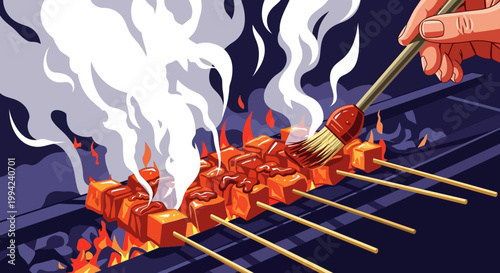Hand Basting Indonesian Satay Skewers on Grill with Smoke and Fire Vector Illustration
