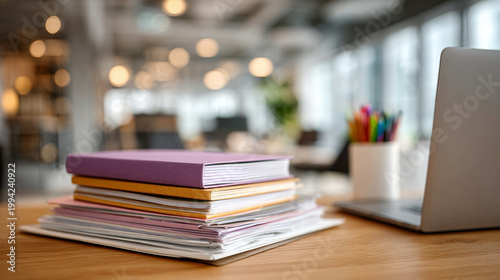 Office productivity items on desk with documents, stationery, laptop, professional workspace, corporate environment, modern office interior, productivity-focused layout