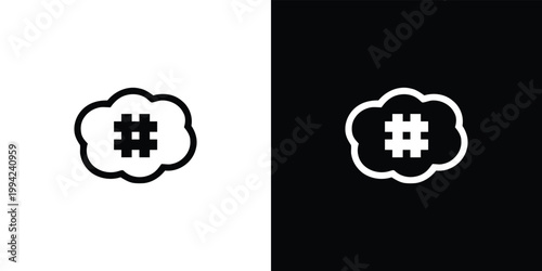 Black and white cloud shaped hashtag symbols on split background