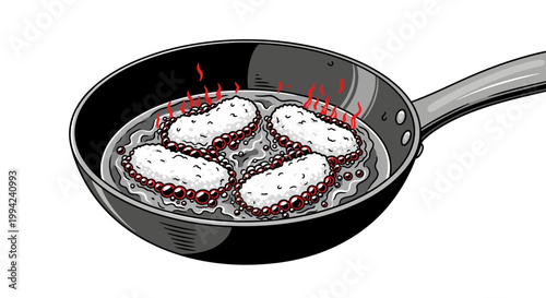 Illustration of deep-fried Indonesian Cireng snacks cooking in a frying pan.